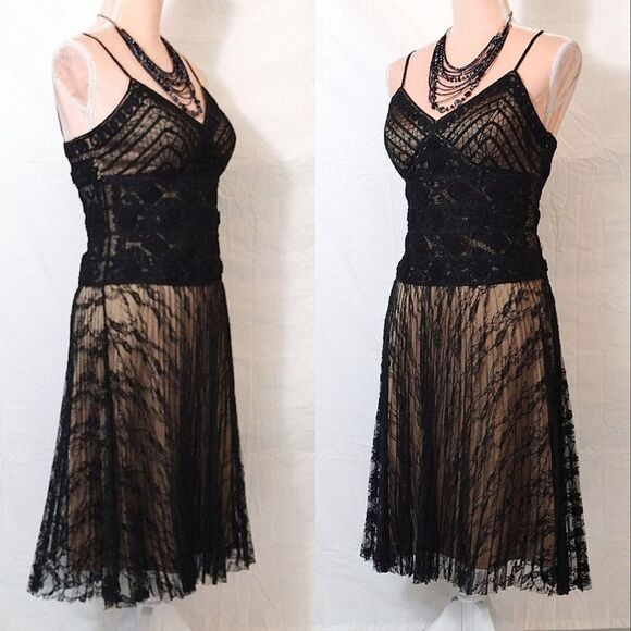 Sue Wong Y2K Black Gold Floral Crochet Lace Tank Midi Slip Dress Size 8 - Picture 9 of 17